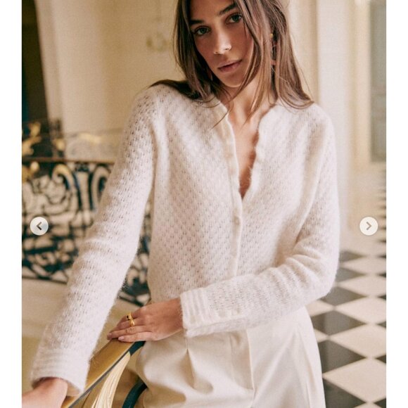 EUC Sézane Saphia Wool Mohair Pointelle Cardigan Ecru Large - Picture 2 of 7